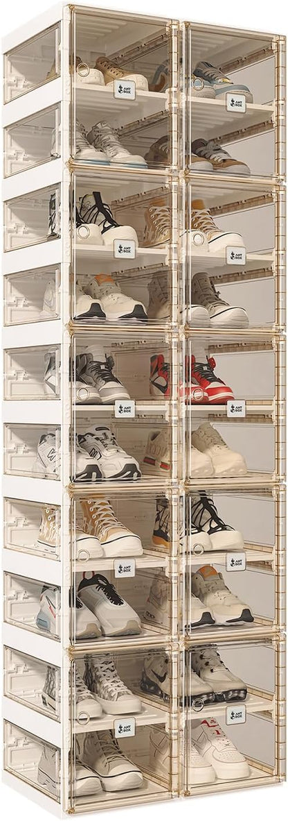 ANTBOX Collapsible Shoe Boxes Clear Plastic Stackable, Quick Setup Drop Front Shoe Organizer, Display Storage Cabinet for Sneakers10 Tiers 20 Pairs