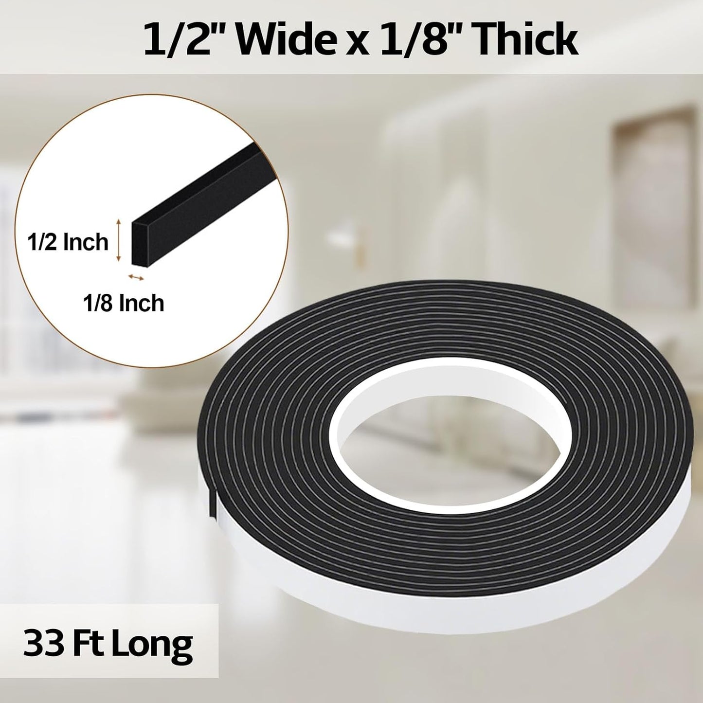 Foam Weather Stripping Door Seal,1 Inch W x 1/17 Inch T x 33 Feet White Window Sealing Tape，Single-Sided Self-Adhesive Insulation Sealing Strip