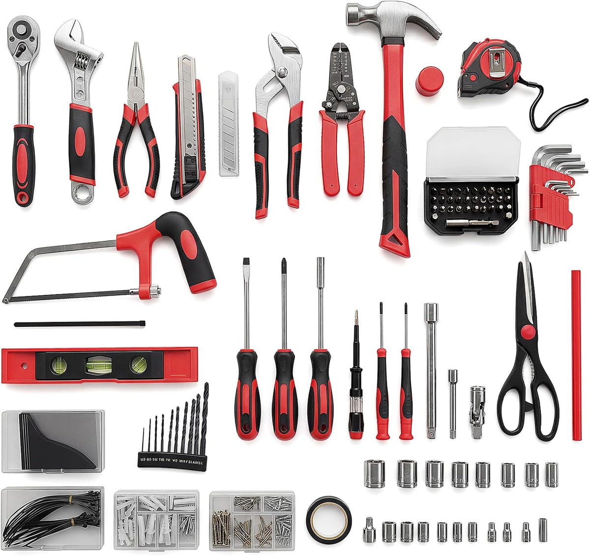 NEWBULIG 330-Piece Complete Tool Box Set, Durable Homeowners Tool Kit with Pull-Out Drawer, Versatile Home Repair Kit for Auto & Household, DIY Projects, Black-Red