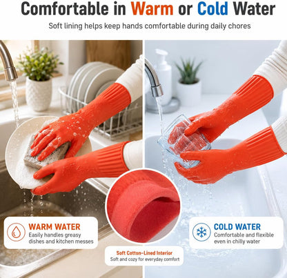 ThxToms Dishwashing Gloves, 2 Pairs Fleece Lined Rubber Dish Gloves for Washing Dishes, Waterproof Reusable Kitchen Cleaning, Long Cuff Anti Slip,Large