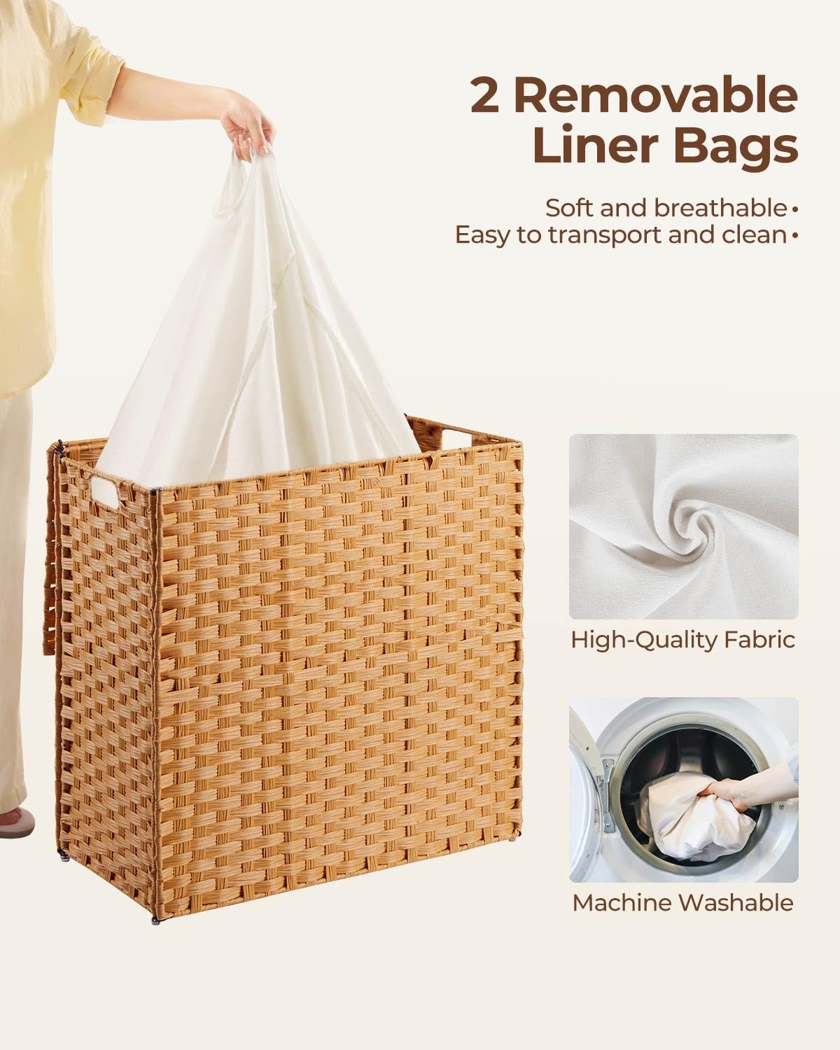 Greenstell Laundry Hamper with 2 Removable Liner Bags, Foldable Divided Clothes Hamper, 90L Handwoven Rattan Laundry Basket with Lid and Handles, No Assembly Needed, 18.3x13.3x24 Inches, Black