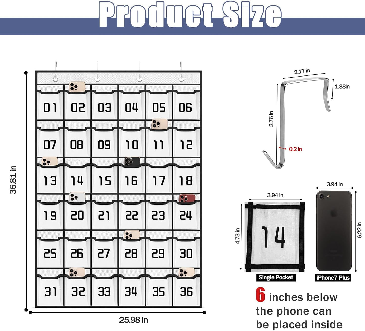 Loghot 36 Numbered Pockets Classroom Pocket Chart for Cell Phone Holder | Wall Door Hanging Pocket Organizer for Phone Calculator Holder, Phone Pouch for School Classroom & Office Phone Management