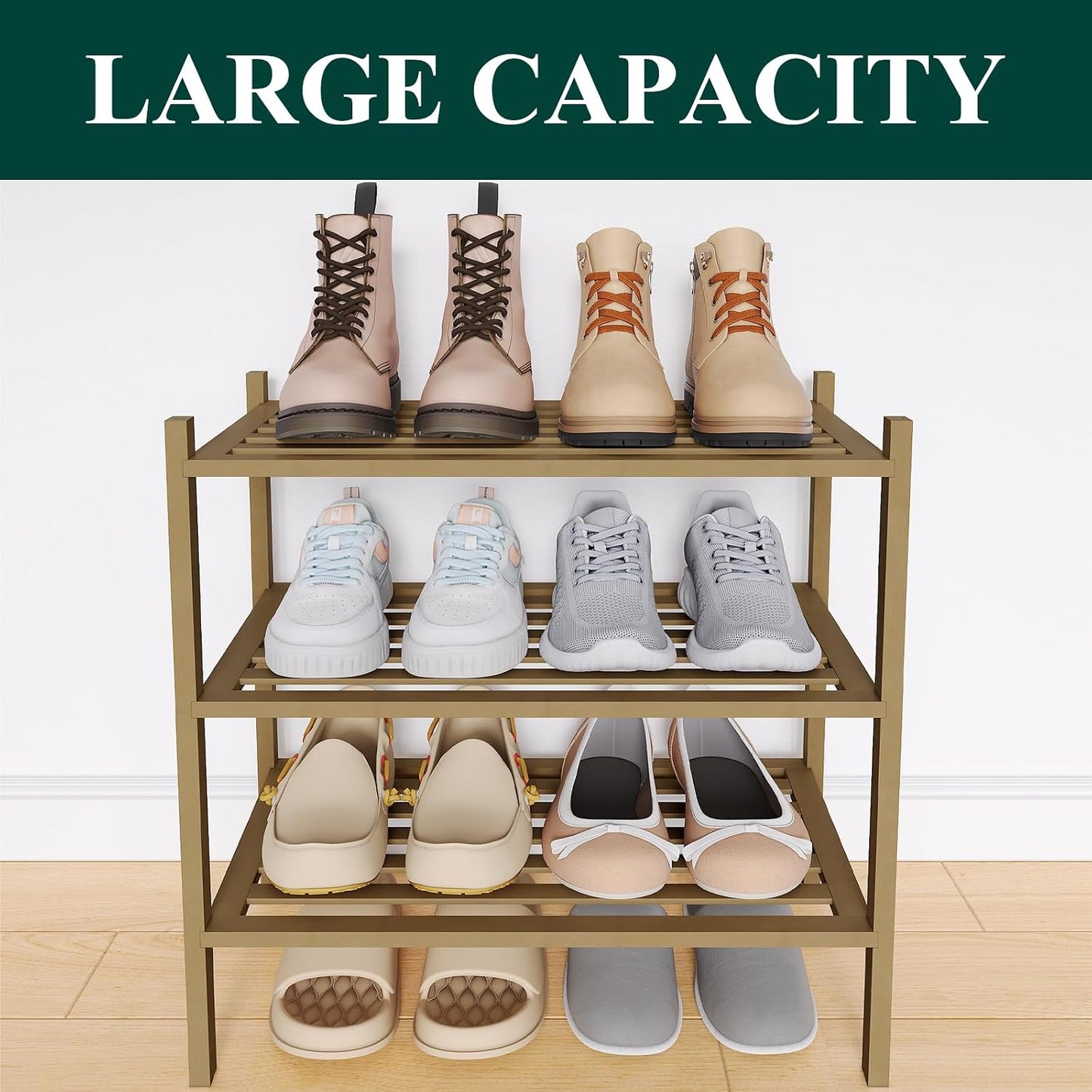 Smiry Bamboo Shoe Rack, 3 Tier Free Standing Wooden Shoe Organizer, Stackable Wood Shoe Storage Shelf for Closet, Entryway, 5 Horizontal Slats, 26.8"x11"x18.3", Natural