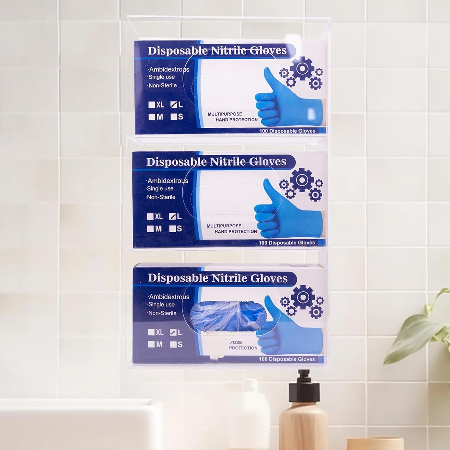 Wall-Mounted Acrylic Glove Box Dispenser Holder,3 Cartons Capacity,Glove & Facial Tissue Wire Rack for Kitchen,Healthcare,Hospital,Etc(3’’Internal width suitable for Small to Medium-Sized Glove Boxes)
