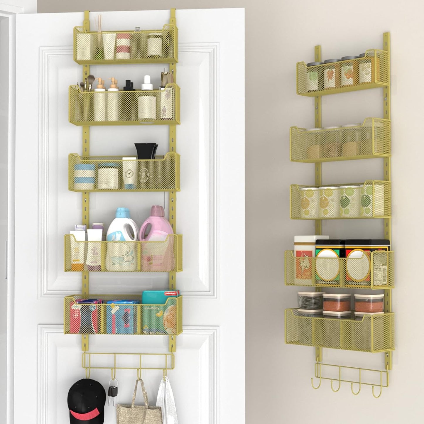 VyGrow Over The Door Organizer, Metal Door Organizer Hanging with 5 Adjustable Baskets and Coat Hook, Behind The Door Storage for Bedroom Closet Bathroom Pantry Cabinet Kitchen, Black