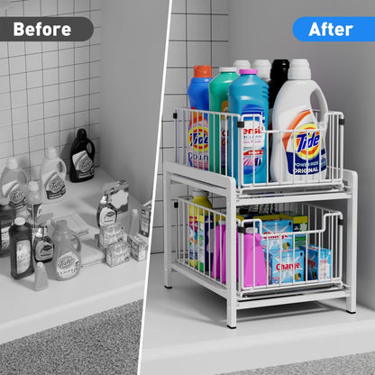 2 Tier Sliding Basket Drawer Organizer, Lxmons Pull Out Under Sink Cabinets Organizers, Metal Home Shelf for Bathroom or Kitchen, Sliding Countertop or Pantry Storage Shelf, Large Black