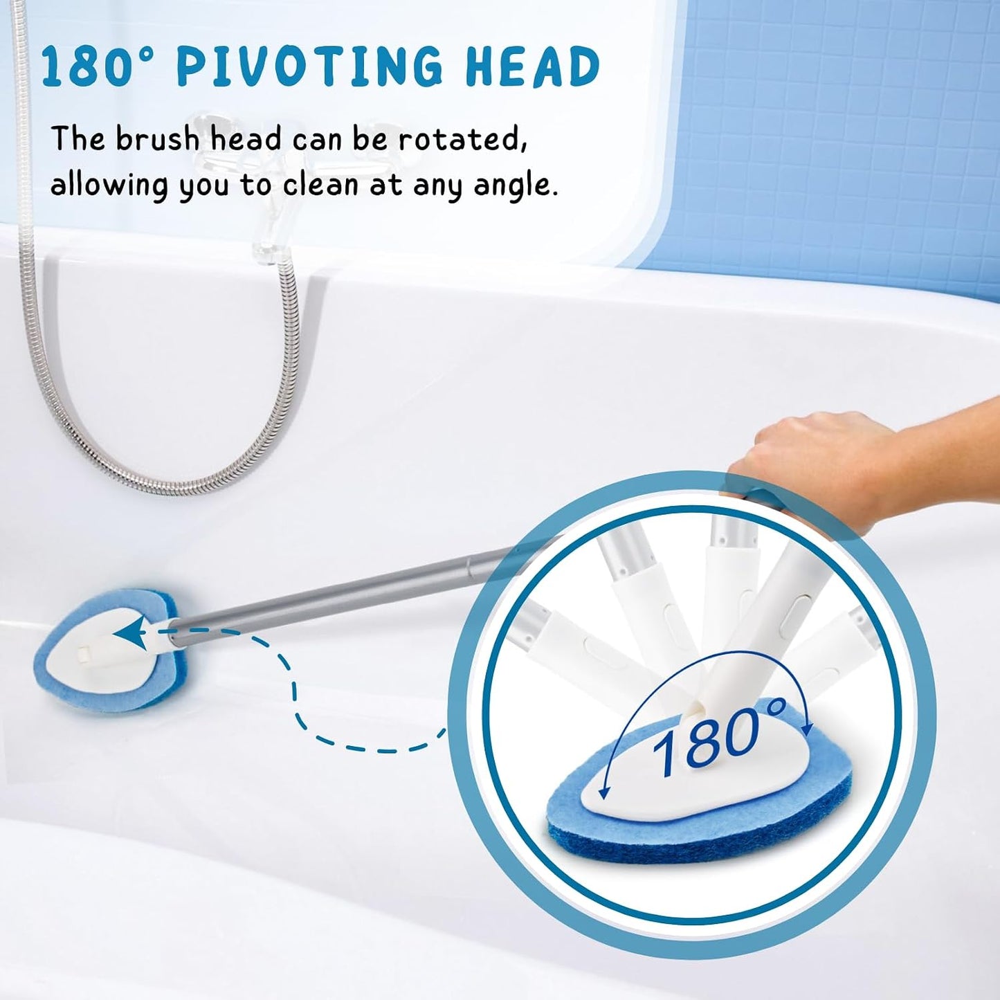 Shower Scrubber with Long Handle, 47'' Bathtub Scrub Brush, Bathroom Tub and Tile Cleaning Tool with 6 Refill Pads
