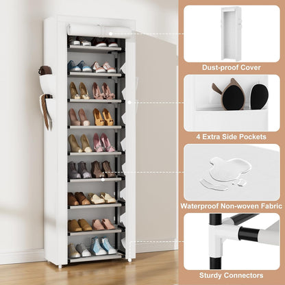 VILICK Shoe Rack with Cover Narrow Shoe Organizer with 4 Side Pockets 10 Tier Tall Shoe Storage Holds 18-22 Pairs Shoes and Boots Shoe Rack for Closet Entryway Garage