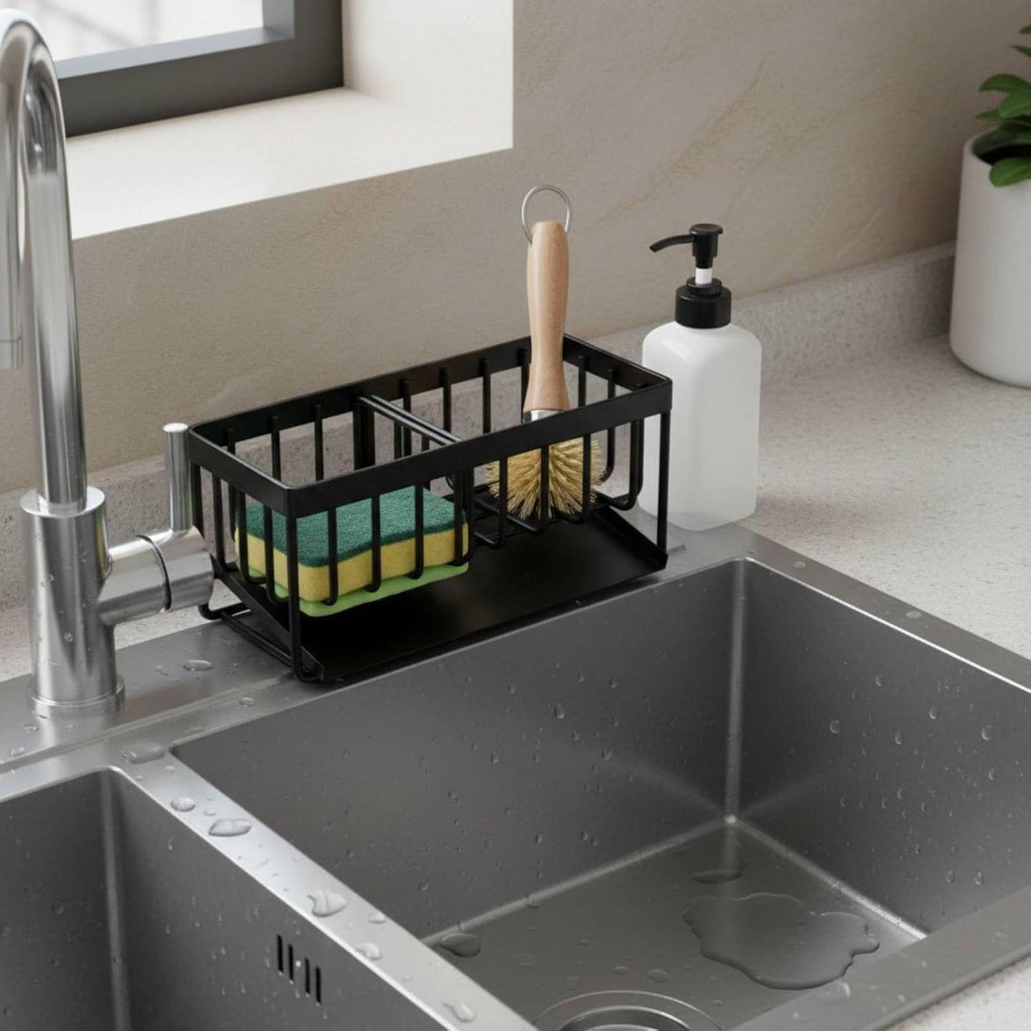Kitchen Sink Sponge Holder, 304 Stainless Steel Soap Dispenser Caddy Organize, Kitchen Sink Brush Caddy Holder with Removable Drain Tray