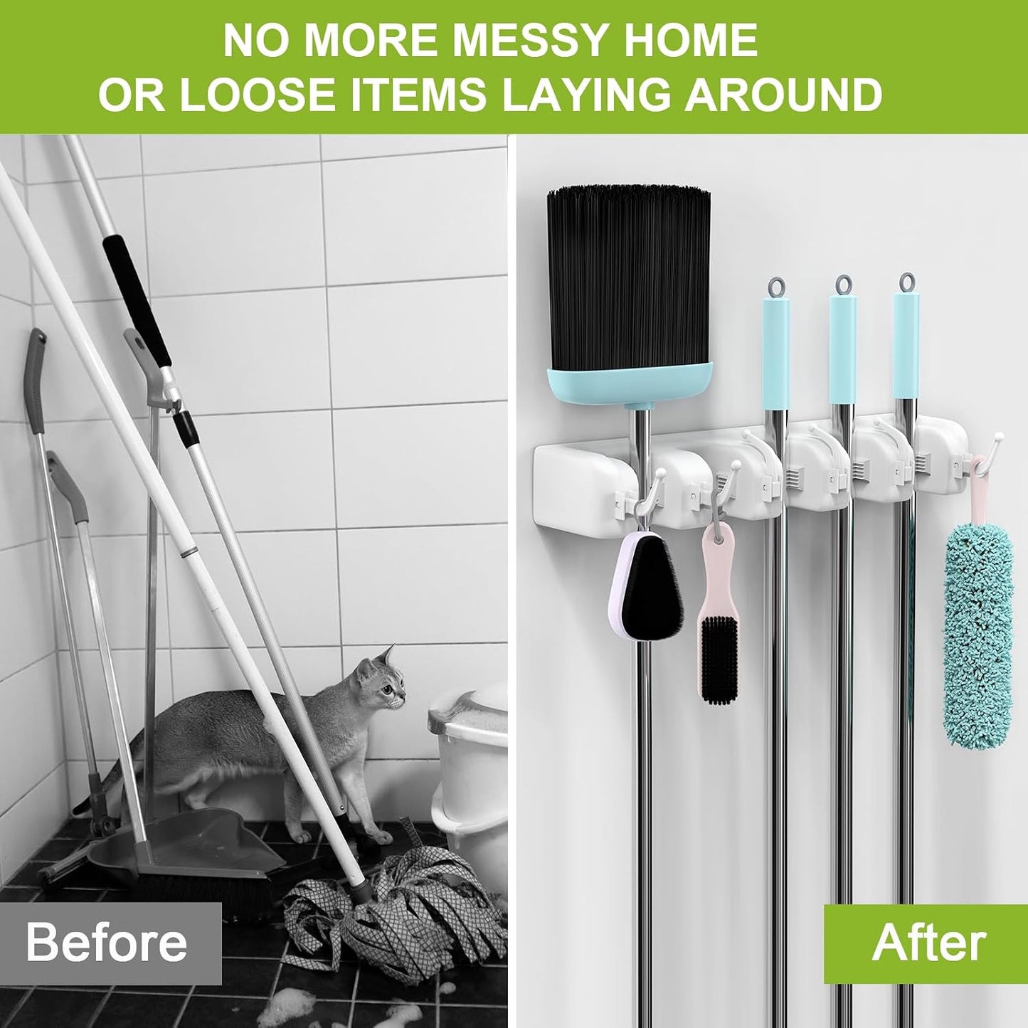 LETMY Broom Holder Wall Mounted - Mop and Broom Hanger Holder - Garage Storage Rack & Garden Tool Organizer - 5 Position 6 Hooks for Home, kitchen, Garden, Tools, Garage