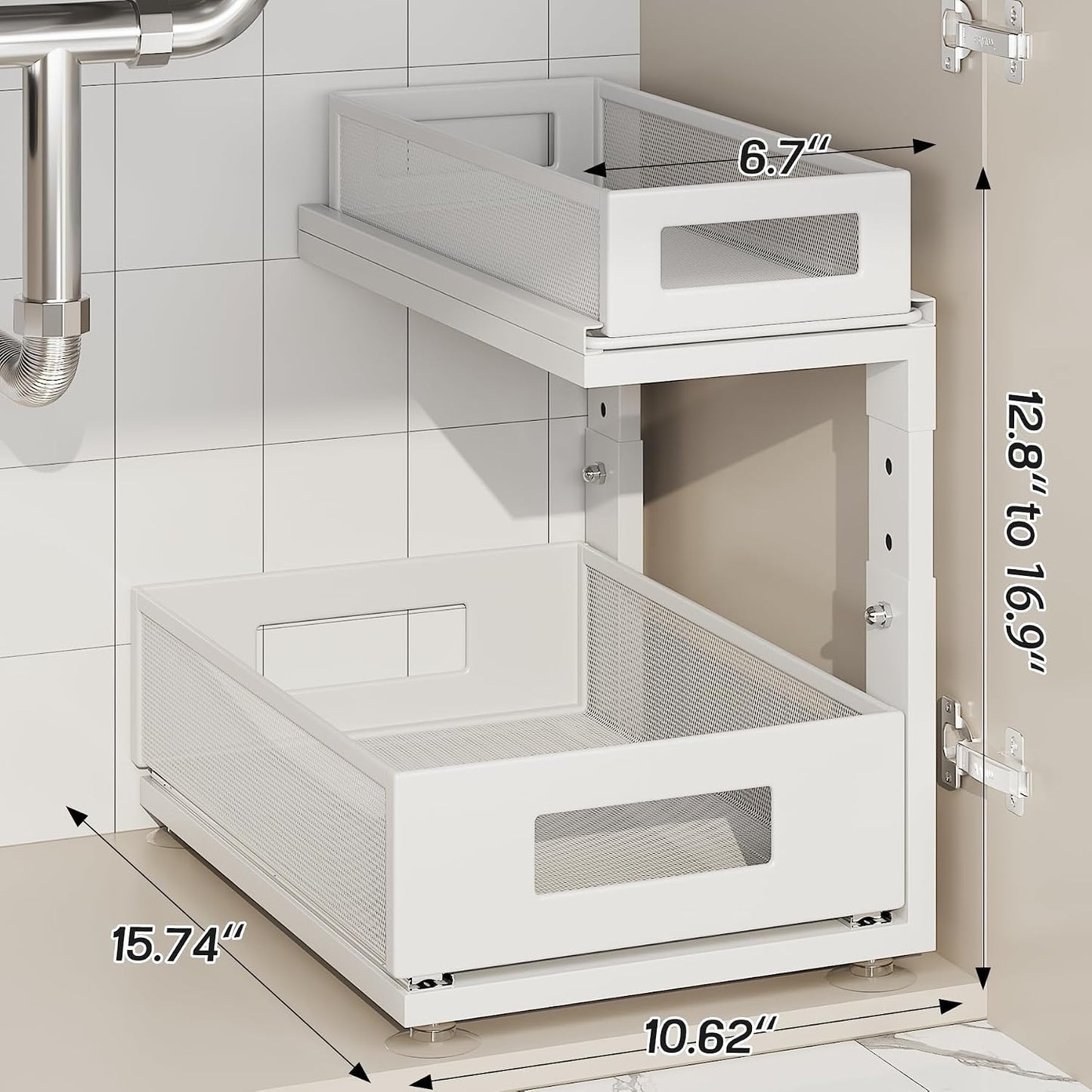 2 Pack Under Sink Organizer with Next-Gen Ball-Bearing Slides,2-Tier Pull Out Cabinet Storage,Height Adjustable Drawer Shelf for Bathroom,Kitchen,Laundry,Cabinet,Pantry(Patent Pending)