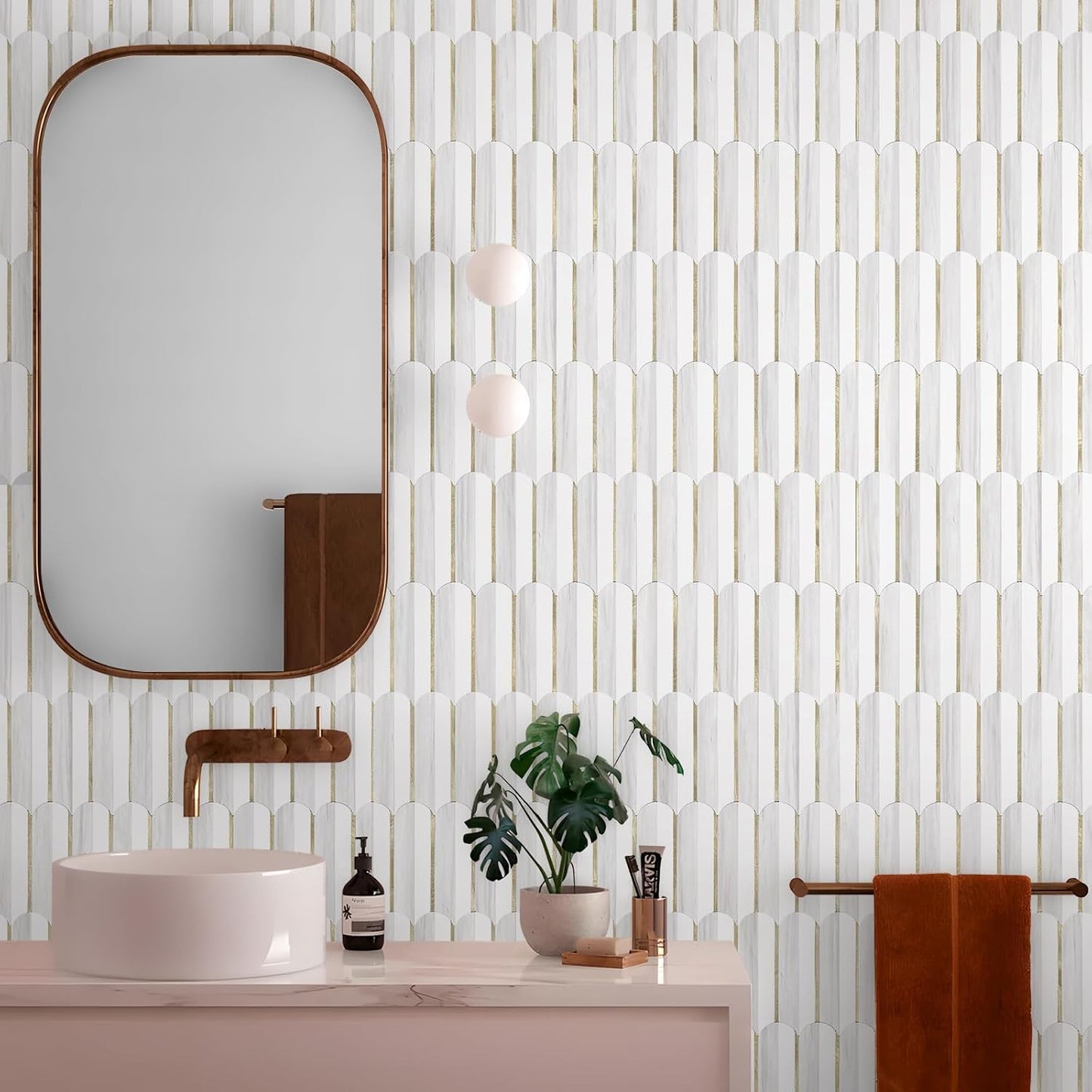 Vamos Peel and Stick Backsplash Seamless Tile for Kitchen and Bathroom,White and Beige Slate PVC Mixed Light Gold Self Adhesive Fish Scale Metal Mosaic Tiles (10 Sheets)
