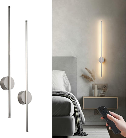 Battery Operated Modern Wall Sconces, Dimmable Wireless Wall Light Set of Two with Remote Control, 3 Color Temperatures, Rechargeable LED Wall Sconce for Bedroom, Living Room, Hallway, 23.6 Inch Brass