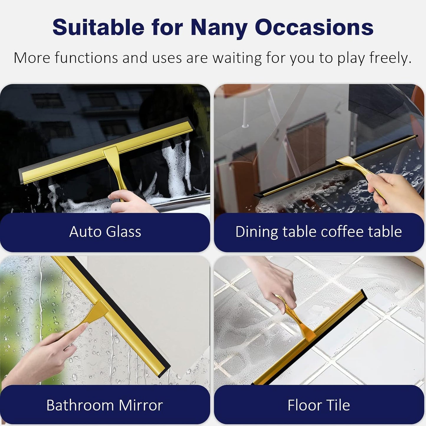 TOOVEM 12 Inch Shower Squeegee for Glass Doors, Window, Bathroom, Car Windshield, Shower Cleaning Tools with S Hook, Square Sticky Hook（Gold）
