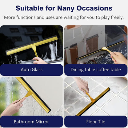 TOOVEM 12 Inch Shower Squeegee for Glass Doors, Window, Bathroom, Car Windshield, Shower Cleaning Tools with S Hook, Square Sticky Hook（Gold）