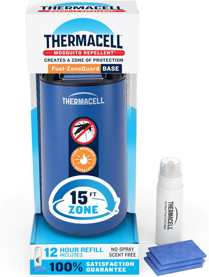 Thermacell Fuel-ZoneGuard Base Fuel Powered Mosquito Repeller; 15-Foot Zone of Scientifically Proven Outdoor Protection; Patio Shield; 12-Hr Refill; DEET-Free; Bug Spray Alternative; Glacial Blue