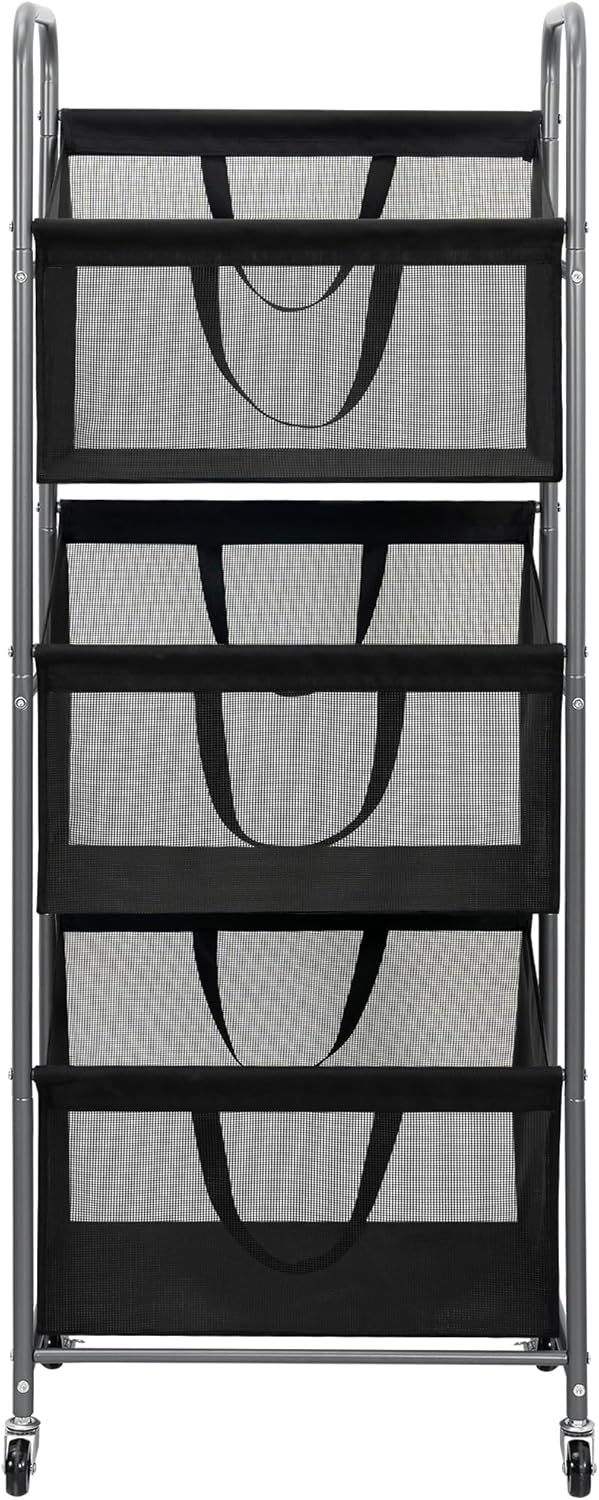 STO STO 3-Tier Vertical Laundry Hamper with Wheels, 120L Rolling Laundry Sorter with 3 Removable Breathable Mesh Bags, Rust-Resistant Steel Frame for Small Spaces, Apartment, Dorm, Black Mesh
