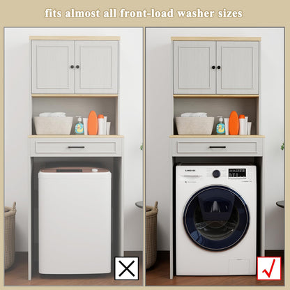 Over The Washer and Dryer Storage Cabinet, Laundry Room Organization and Storage with Adjustable Shelf and Fake Drawer Design, Laundry Room Storage Space Saver (Antique White)