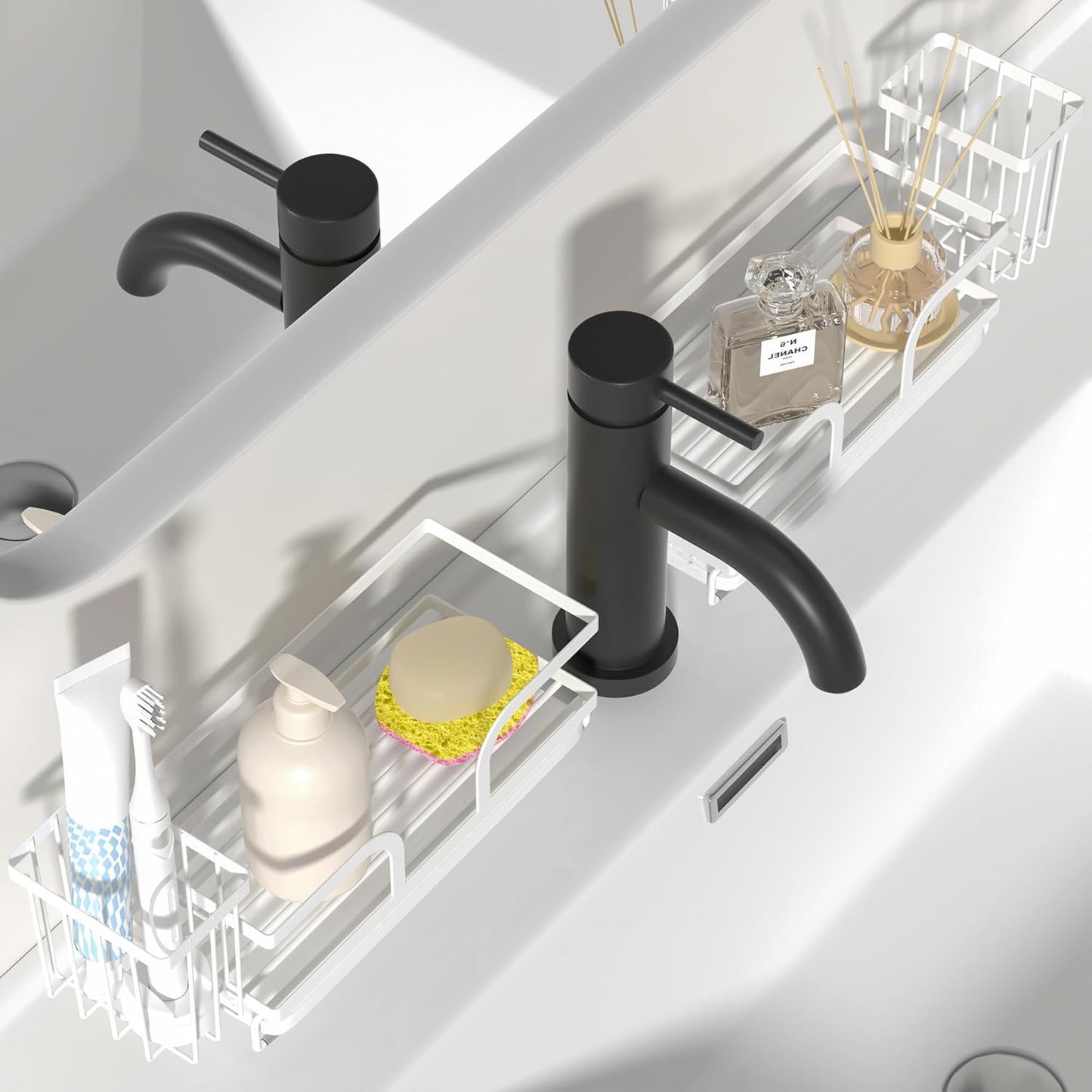 Sponge Holder for Kitchen Sink,Sink Caddy Organizer With Stone Drying Tray, Stainless Steel Kitchen Countertop Organizer for Sponge Soap Dispenser Black