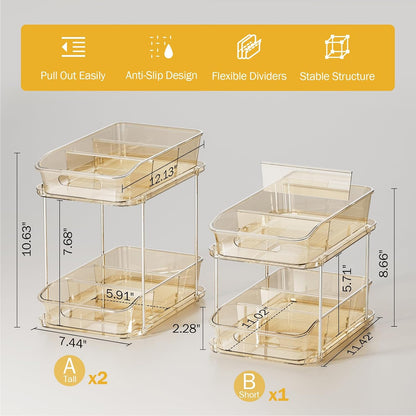 Delamu 2-Tier Under Sink Organizers and Storage, Multi-Purpose Stackable Bathroom Cabinet organizers, Pull Out Kitchen Pantry Organization and Storage with Dividers(2 Pack, Clear)