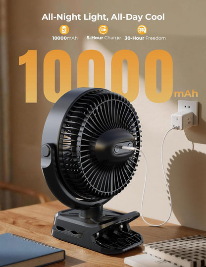 10000mAh Portable Clip on Fan Rechargeable, 8 Inch Battery Powered Desk Fan, LED Lantern, 360° Rotate & 3 Speeds Strong Airflow for Camping Tent Office Outdoor Travel Golf Cart，Black
