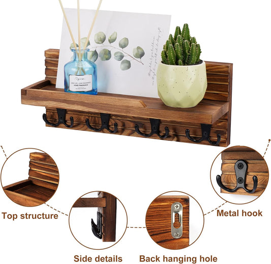 Decorative Key Hanging Rack with 4 Double Hooks – Easy Install Natural Wooden Key and Mail Holder for Wall Mount – Entryway Decor Rack with Shelf (Carbon Black)