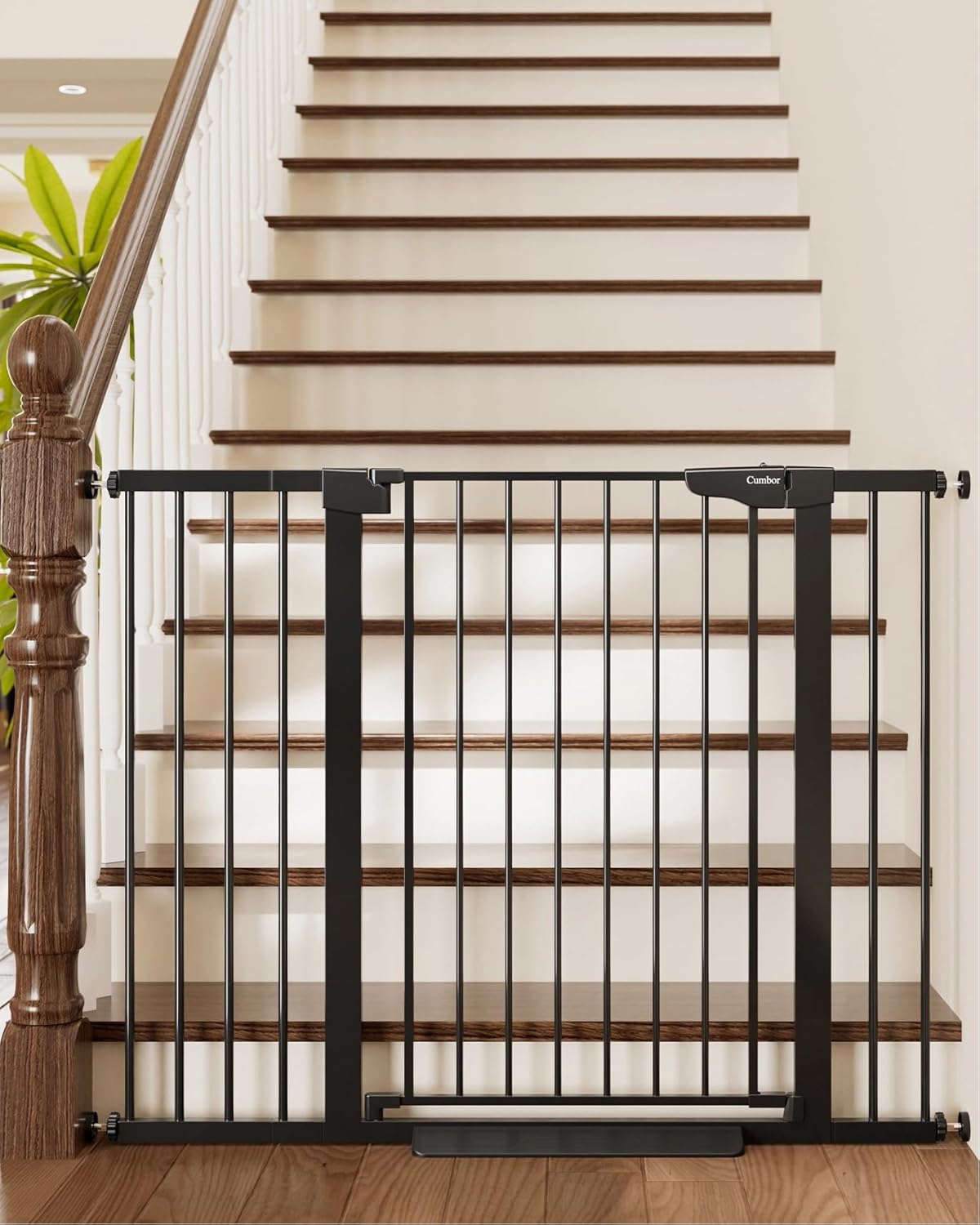 Cumbor 29.7-48" Baby Gate for Stairs, Mom's Choice Awards Winner-Dog Gate for Doorways, Auto Close Safety Pet Gate for Dogs Indoor, Easy Install Pressure Mounted Child Gate with Walk Thru Door, Brown