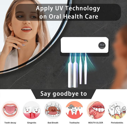 Cordless Toothbrush Holder, Toothbrush Cleaner with 4 Slots & 360s Timer Function, No-Drill Rechargeable Wall-Mounted Toothbrush Holders for Bathroom Family, White