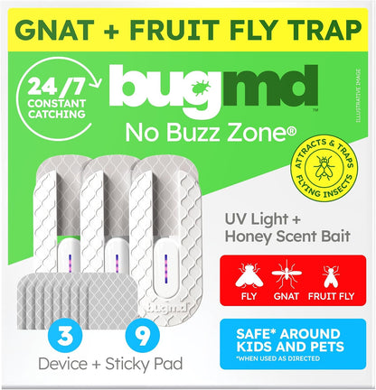 BugMD No Buzz Zone Fruit Fly Traps for Indoors with Honey Scent Bait & UV Light – Gnat Traps for House Indoor, Plug in Fly Trap Indoor, Bug Zapper Alternative, Mosquito Trap for Home