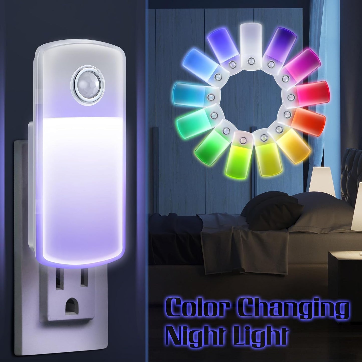 Enhon Emergency Power Failure Night Lights, 5-in-1 Multi Color LED Light, Rechargeable Flashlight with Foldable Plug, Automatic On Off Motion Sensor for Bedrooms, Hallways, Black Outs(3 Pack)