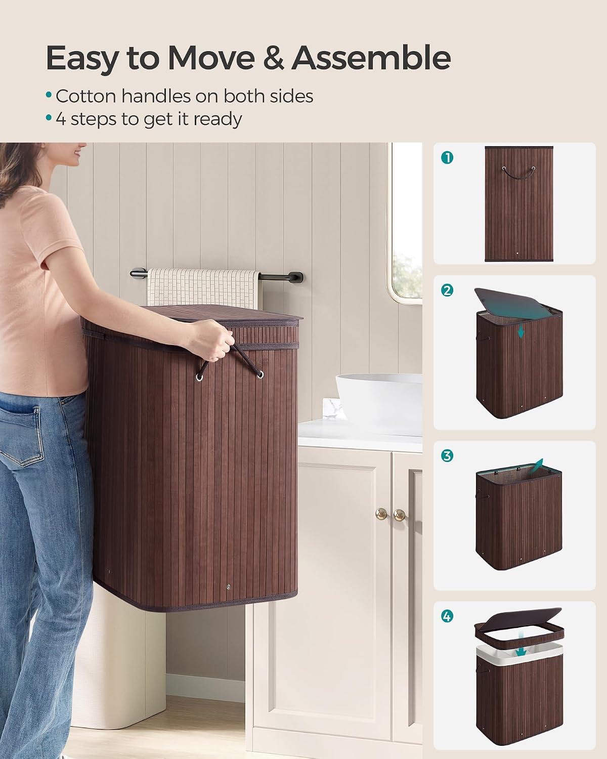 SONGMICS Laundry Hamper with Lid, Bamboo Launry Basket with Handles, Foldable Storage Basket for Laundry Room, Bedroom, 100L, Brown ULCB063K02