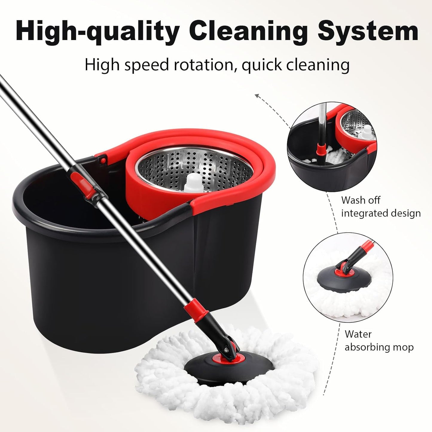 Spin Mop and Bucket, Mop and Bucket with Wringer Set for Home, 360 Spinning Mop Bucket Floor Cleaning Tool with 3 Microfiber Mop Replacement Head Refills,50" Extended Handle for Floor Cleaning Home