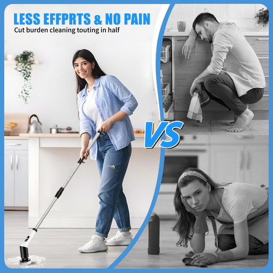 Electric Spin Scrubber, Cordless Power Cleaning Brush with 7 Replaceable Heads, Adjustable Long Handle, & LCD Display, IPX7 Waterproof Shower Scrubber for Bathroom, Tub, Tile, Kitchen & Car