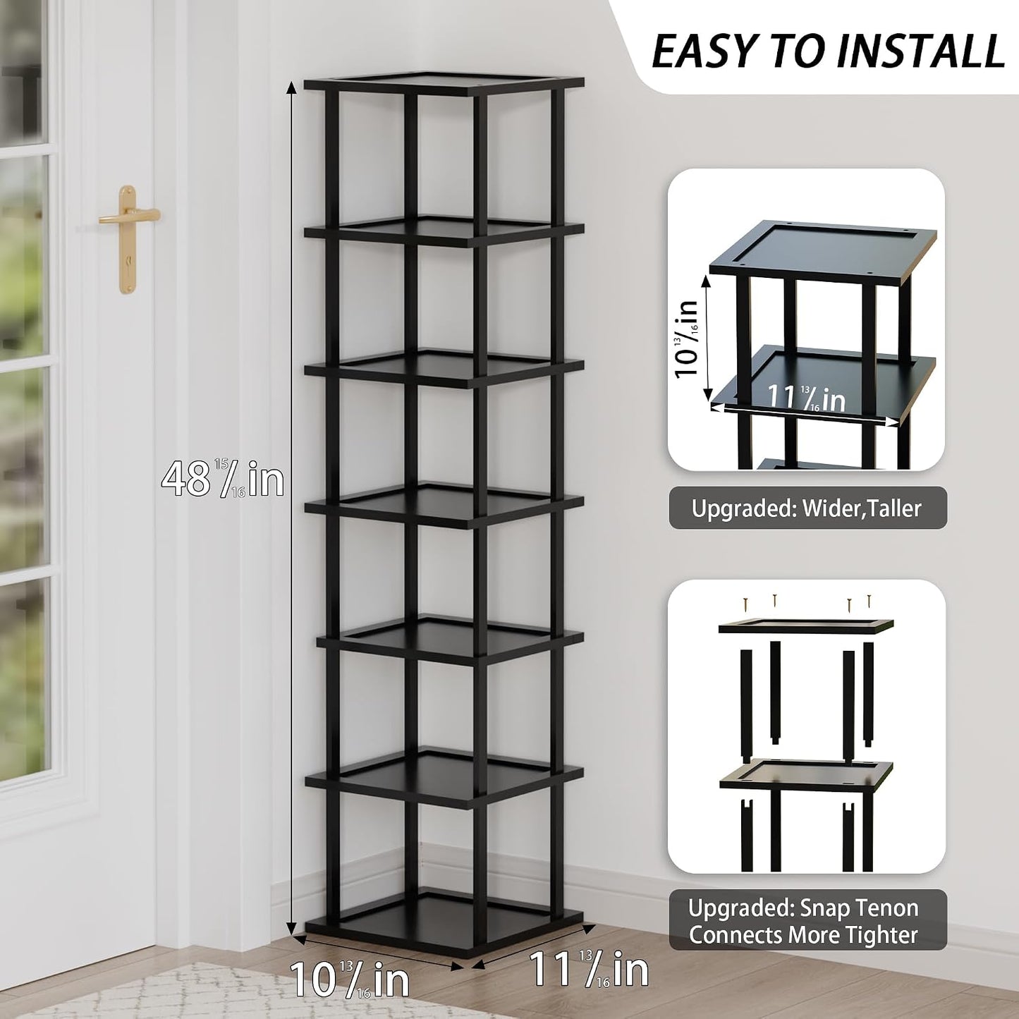 Vertical Tall Shoe Rack Organizer for Entryway -7 Tier Free Standing Slim Narrow Bamboo Wood Corner Stackable Shoe Boots Storage Stand Small Spaces for Closet Garage Cloakroom Living Room (Black)