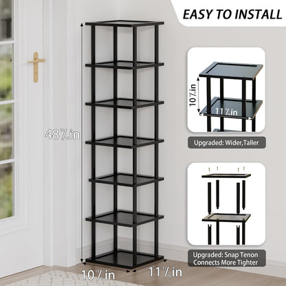 Vertical Tall Shoe Rack Organizer for Entryway -7 Tier Free Standing Slim Narrow Bamboo Wood Corner Stackable Shoe Boots Storage Stand Small Spaces for Closet Garage Cloakroom Living Room (Black)