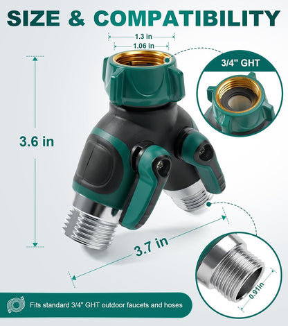 Garden Hose Splitter 2 Way, Heavy Duty Metal Water Hose Y Splitter with Shut Off Valves - 3/4" GHT Outdoor Faucet Spigot Bib Splitter for Irrigation Systems, Garden, Lawn, RV & Pet Bathing