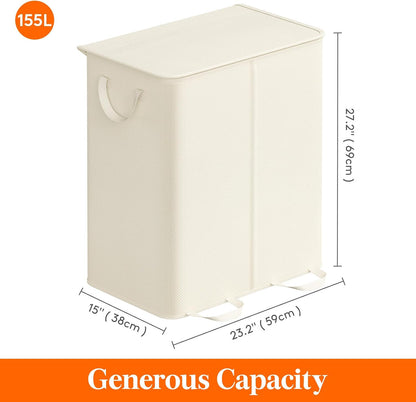 Lifewit Double Laundry Hamper with Lid and Removable Laundry Bags, Large Collapsible 2 Dividers Dirty Clothes Basket with Handles for Bedroom Laundry Room Closet Bathroom College, 136L Beige