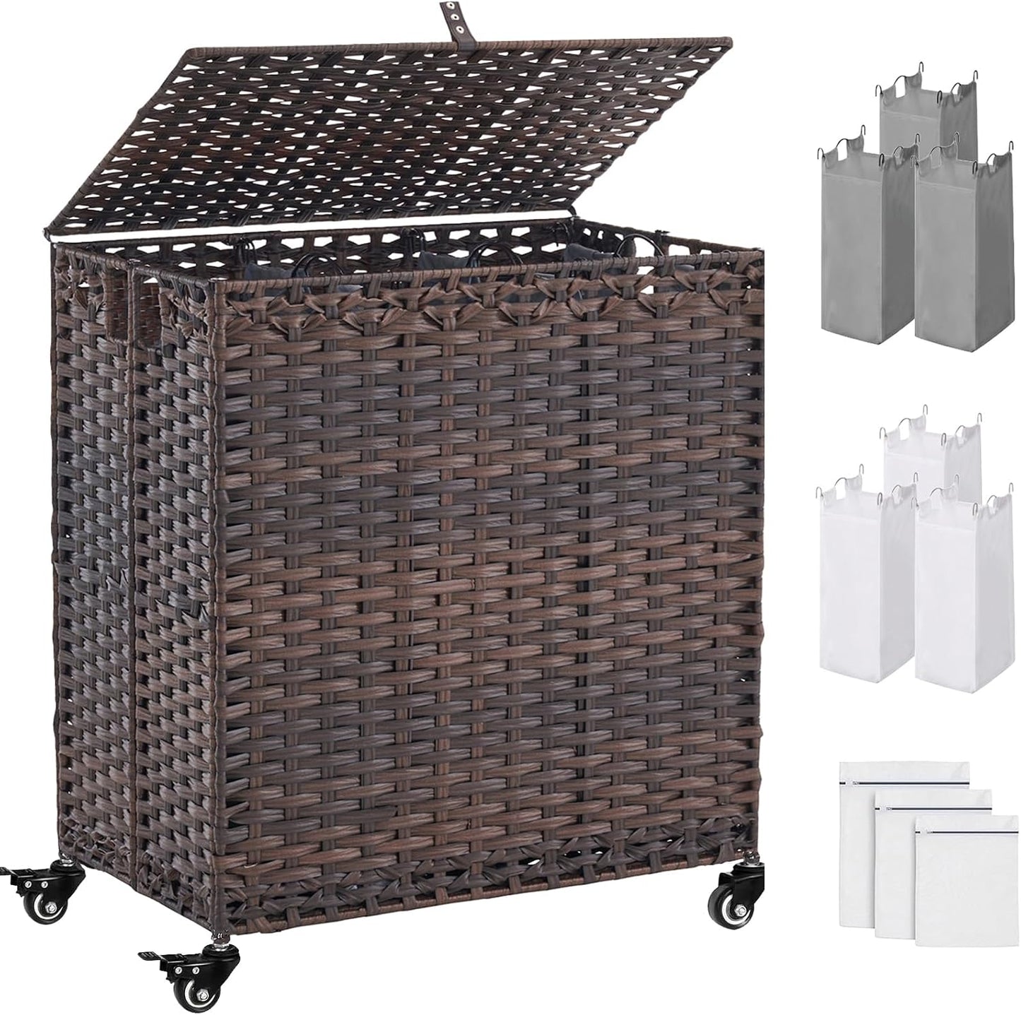 Laundry Hamper with Wheels&Lid, 50.2 Gallons(190L) Rolling Laundry Basket with Wheels, 3-Section Laundry Hamper, Handwoven Rattan Clothes Hamper with 6 Removable Liner& 3 Mesh Laundry Bags, Grey