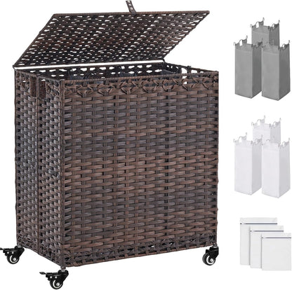 Laundry Hamper with Wheels&Lid, 50.2 Gallons(190L) Rolling Laundry Basket with Wheels, 3-Section Laundry Hamper, Handwoven Rattan Clothes Hamper with 6 Removable Liner& 3 Mesh Laundry Bags, Grey