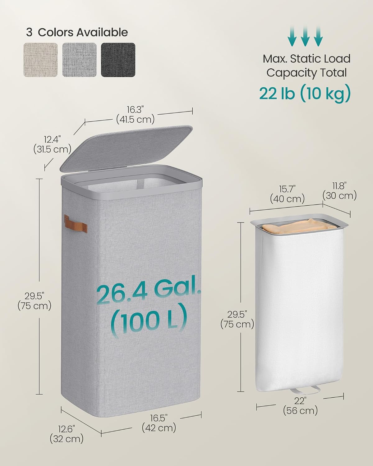 SONGMICS Laundry Basket, 50.2 Gal. Laundry Hamper, 3 Compartments, Easy Assembly, with Lid and Handles, Removable Liners, 25.2 x 15.7 x 29.5 Inches, Cappuccino Beige ULCB814LH01