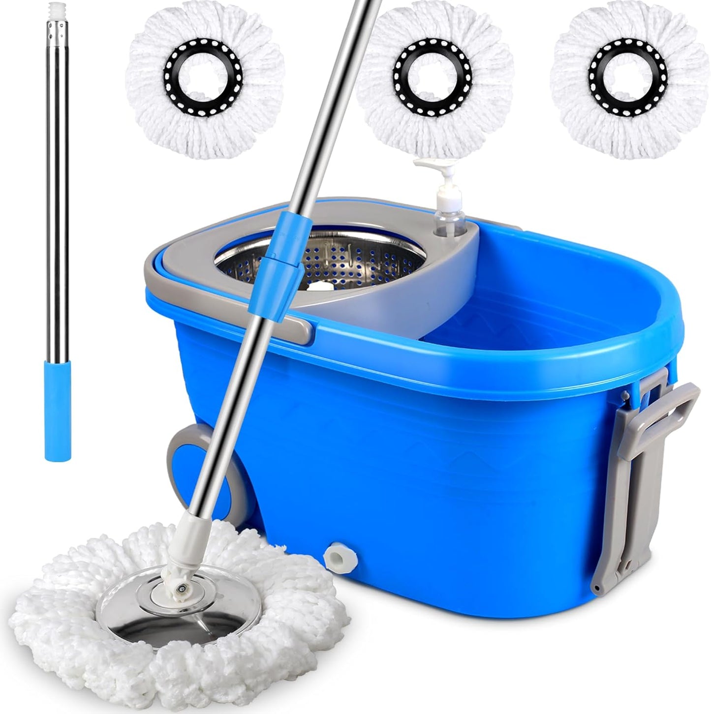 Spin Mop and Bucket with Wringer Set, 360° Spinning Mop Bucket System with 3 Microfiber Mop Replacement Heads and 61" Stainless Steel Adjustable Handle for Floor Cleaning