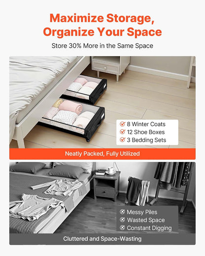 VEVOR Under Bed Storage with Wheels, 36.0 x 18.1 x 7.3 inch, Underbed Containers with Clear Lid, Underbed Shoe Organizer, Rolling Under the Bed Storage Bins for Clothes Shoes Blankets Bedroom, 2 Pack