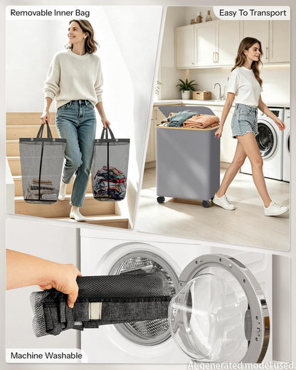 Double Laundry Hamper with Lid and Wheels, 150L Large Laundry Basket with 2 Sections & Removable Liner Bags, Rolling Dirty Clothes Basket with Handles for Bedroom, Bathroom, Dorm, College