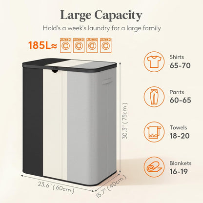 Lifewit 185L 3 Section Laundry Hamper with Lid, Large Laundry Basket with Handles and Removable Bags, Tall Clothes Hamper, Foldable Laundry Sorter for Bedroom Bathroom, Beige