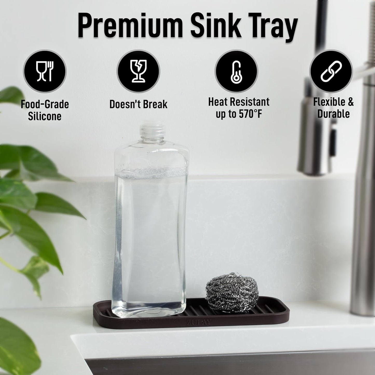 Zulay Kitchen (9x3.5in) Sponge Holder for Kitchen Sink - Flexible Heavy-Duty Multipurpose Sink Caddy - Counter Organizer for Kitchen, Bathroom, Makeup, Trinkets & More! (Grey)