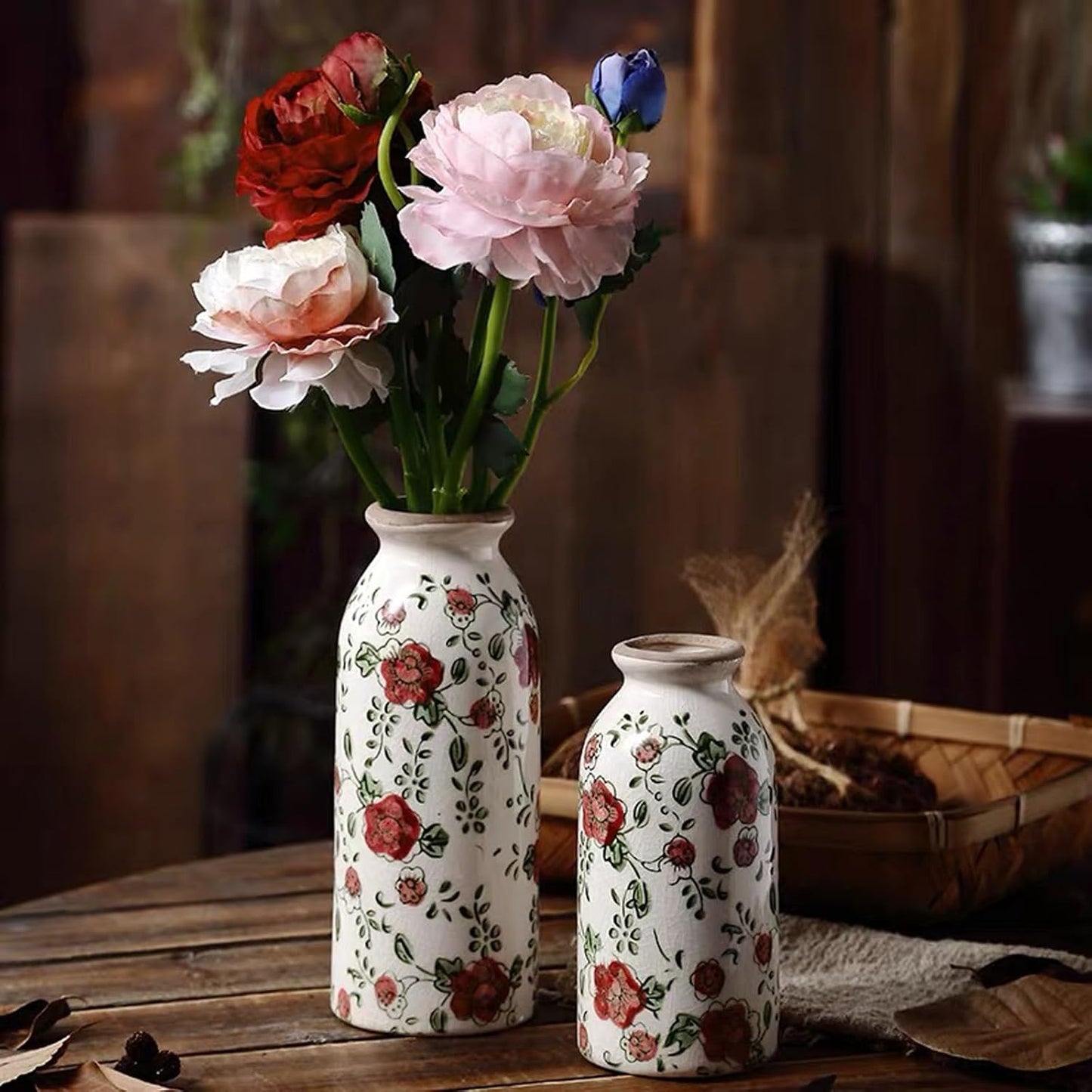 Rustic Ceramic Vase Set of 3 - Beige Rustic Vases for Flowers,Farmhouse Flower Vases for Home Decor,Small Decorative Vase Set for Living Room,Table Shelf,Centerpieces and Fireplace Decorations