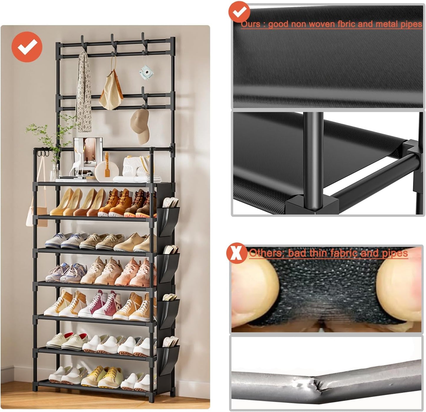 OYREL Shoe Rack 5 Tier Shoe Organizer Storage 15-20 Pairs Shoes Rack for Closet Entrance Shoe Rack Organizer with Hooks and Side Pocket Entryway Shoe Holder Space Saving Free Standing Shoe Racks