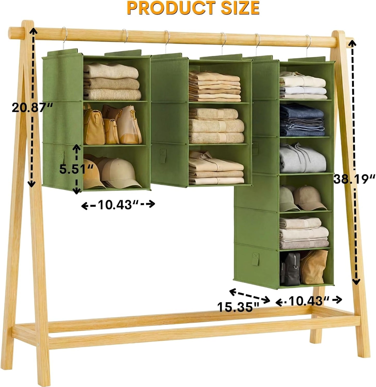 Extra Deep Hanging Closet Organizers and Storage, 2 Pack 3-Shelf | Separable Hanging Shelves with Linen Texture, Foldable & Space-Saving, For Clothes, Handbags, Hats, Closet, Dorm, RV, Green