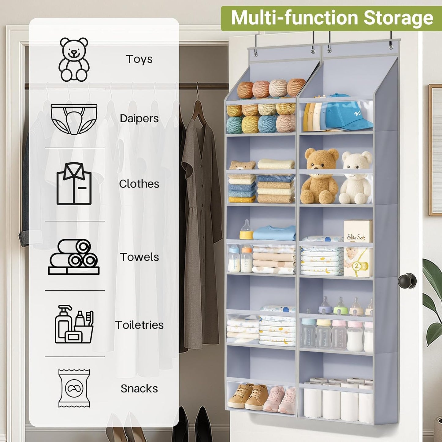 AOODA 2 Pack Over the Door Organizer, Large Capacity Closet Door Hanging Organizer, Clear Deep Pockets Baby Organizer Storage for Nursery, Bathroom, Bedroom, Pantry, Diapers (Grey)