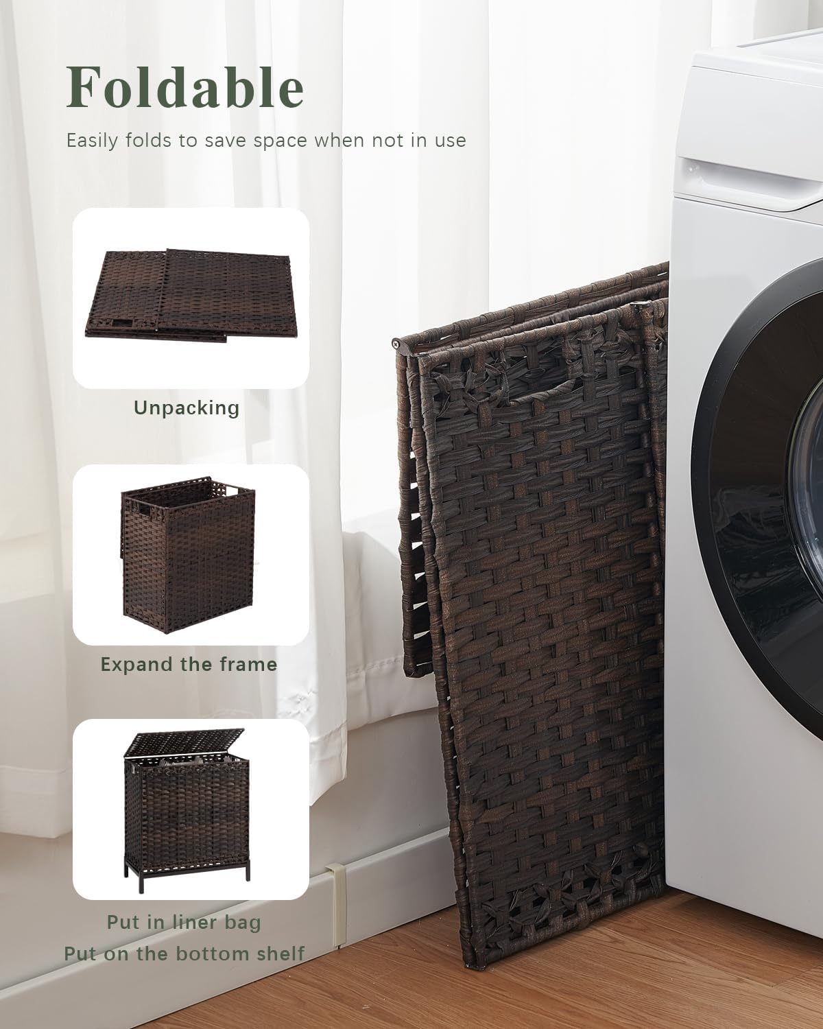 SETVSON Laundry Hamper with Lid 132 L, (35 Gallons) Clothes Hamper with Lid, Handwoven Rattan Laundry Hamper with Metal Heightened Feet, Laundry Hampers with 3 Removable Liner Bags for Laundry-Natural